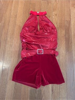 Young Woman’s Sparkling Red Halter Romper with Rhinestone Buckle